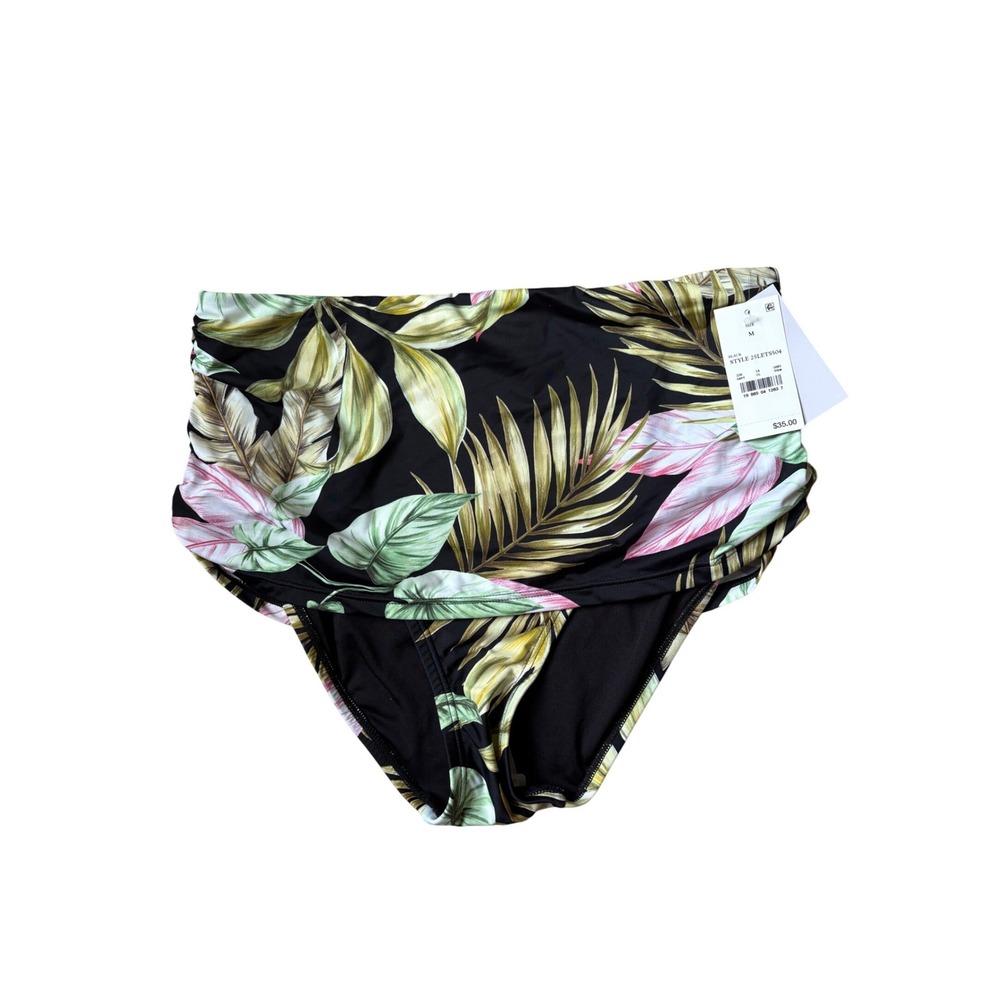 Lands End Womens High Waisted Tropical Palm Bikini Bottoms Black Medium NWT
